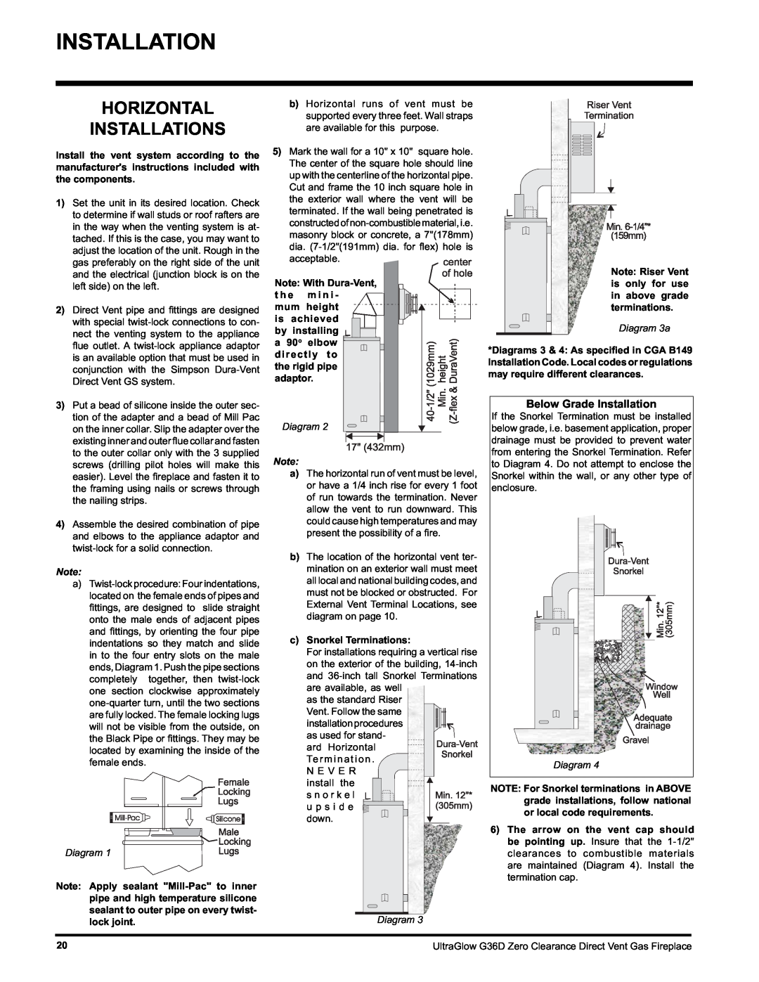 Regency G36D-LP PROPANE, G36D-NG NATURAL GAS installation manual Horizontal Installations, Diagram 3a 