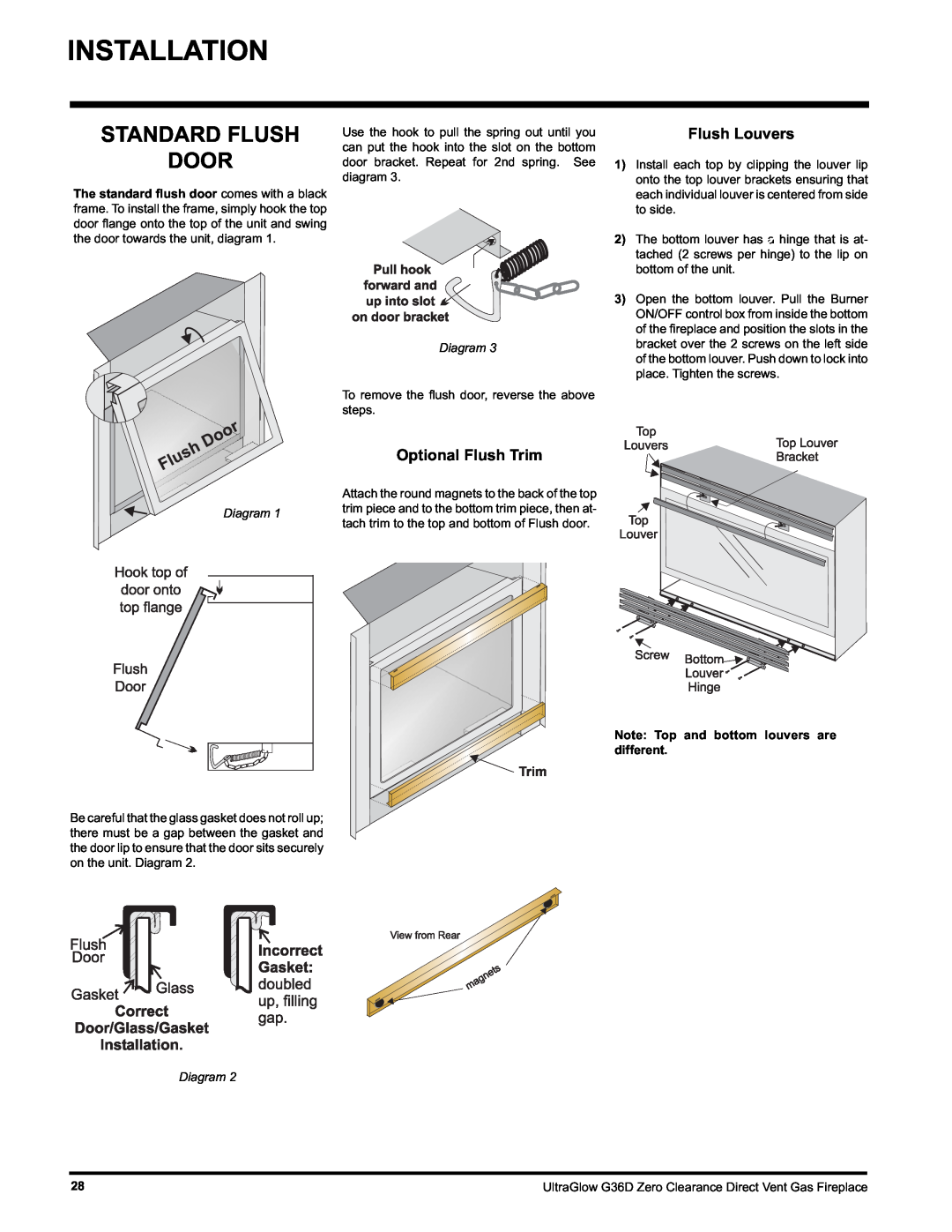 Regency G36D-LP PROPANE installation manual Standard Flush Door, Installation, Flush Louvers, Optional Flush Trim, Diagram 