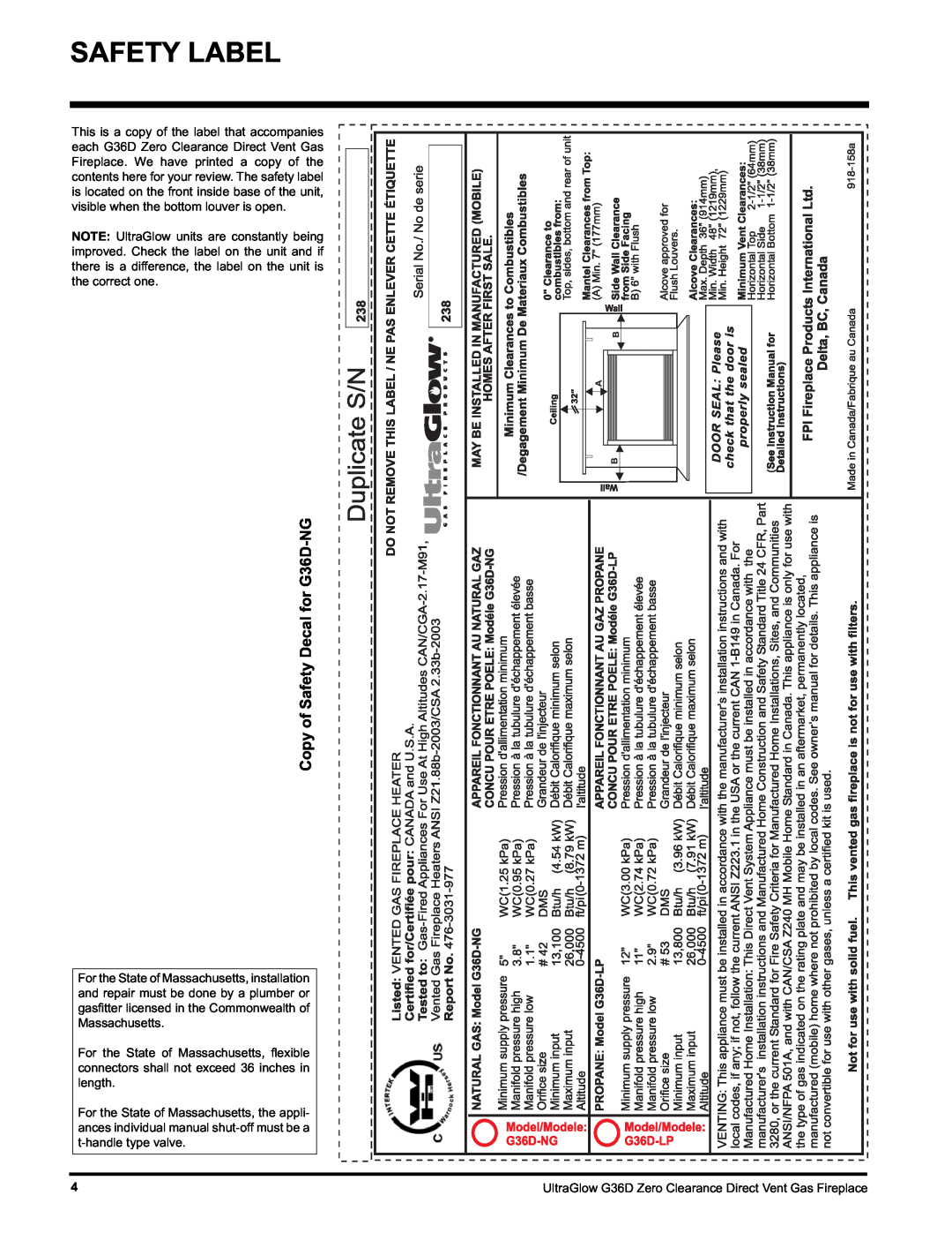 Regency G36D-LP PROPANE, G36D-NG NATURAL GAS installation manual Safety Label, Copy of Safety Decal for G36D-NG 