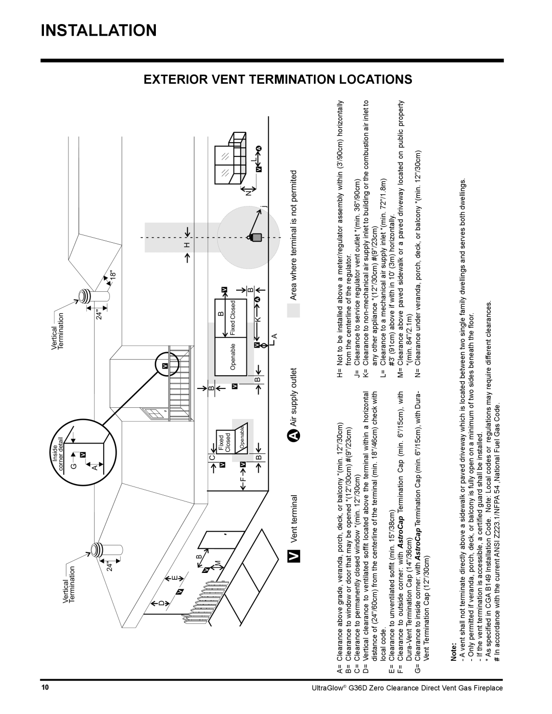 Regency G36D installation manual Exterior Vent, Locations, Vertical Termination, Area where terminal is not permited 