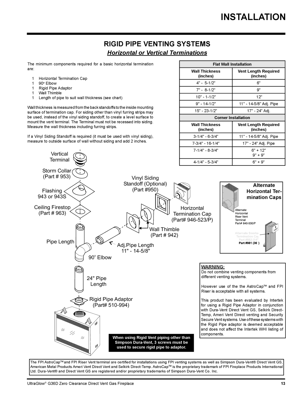 Regency G36D installation manual Rigid Pipe Venting Systems, Alternate 