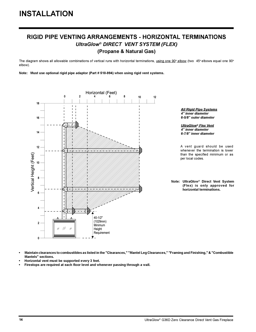 Regency G36D installation manual Rigid Pipe Venting Arrangements Horizontal Terminations, UltraGlow Direct Vent System Flex 