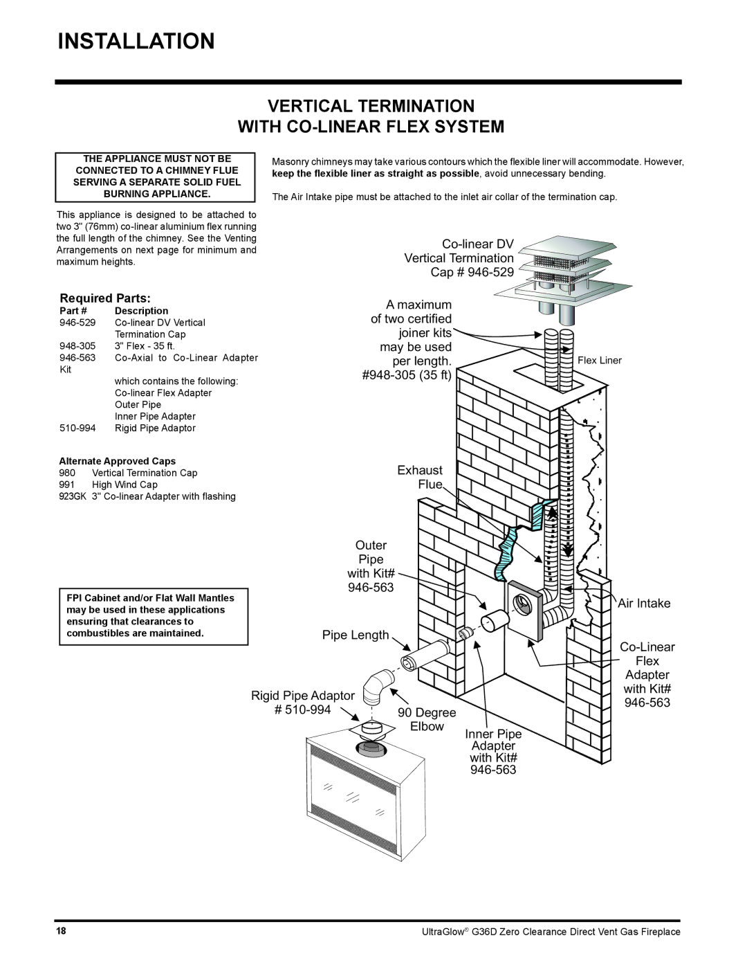 Regency G36D installation manual Vertical Termination With CO-LINEAR Flex System, Required Parts, Description, Flex Liner 