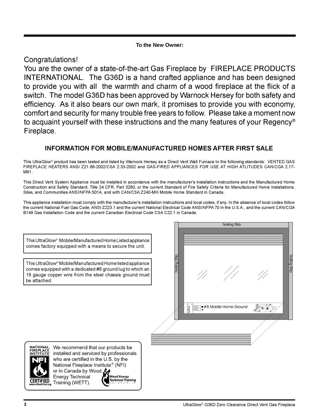 Regency G36D installation manual Information for MOBILE/MANUFACTURED Homes After First Sale, To the New Owner 