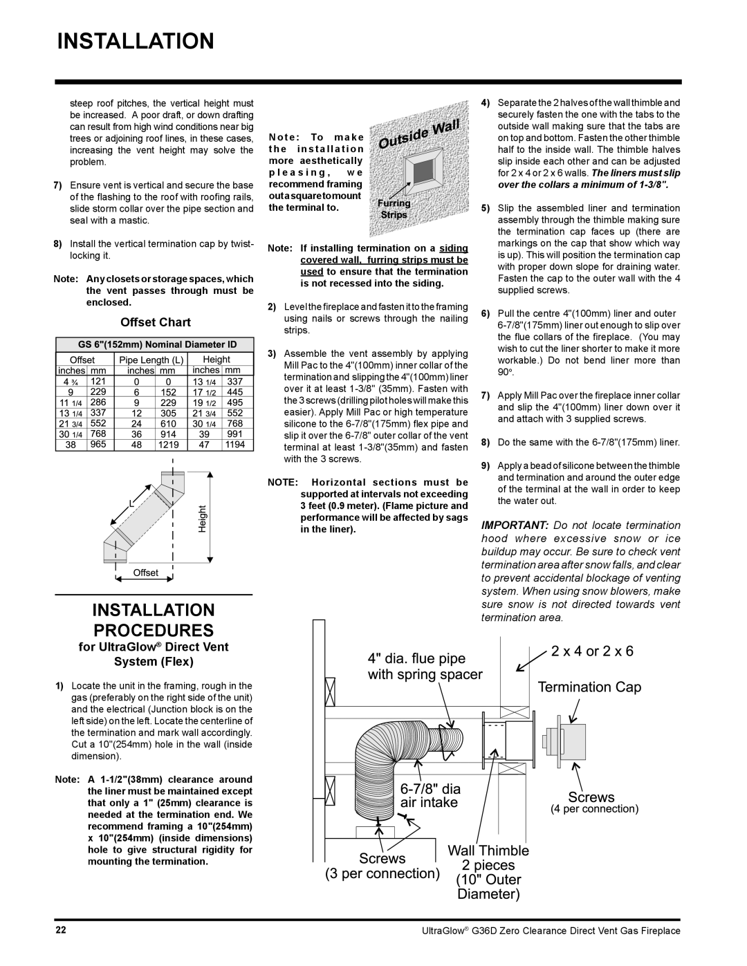 Regency G36D installation manual Installation Procedures, Offset Chart, For UltraGlow Direct Vent System Flex 