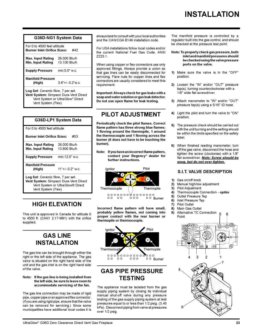 Regency G36D installation manual Pilot Adjustment, High Elevation, GAS Line Installation, GAS Pipe Pressure Testing 