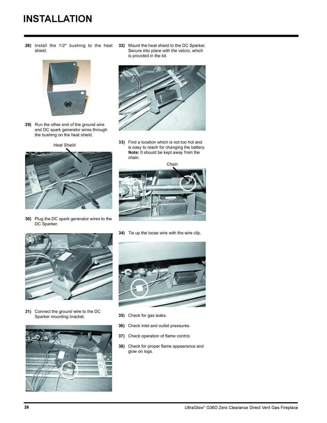 Regency G36D installation manual Install the 1/2 bushing to the heat shield, Heat Shield, Chain 