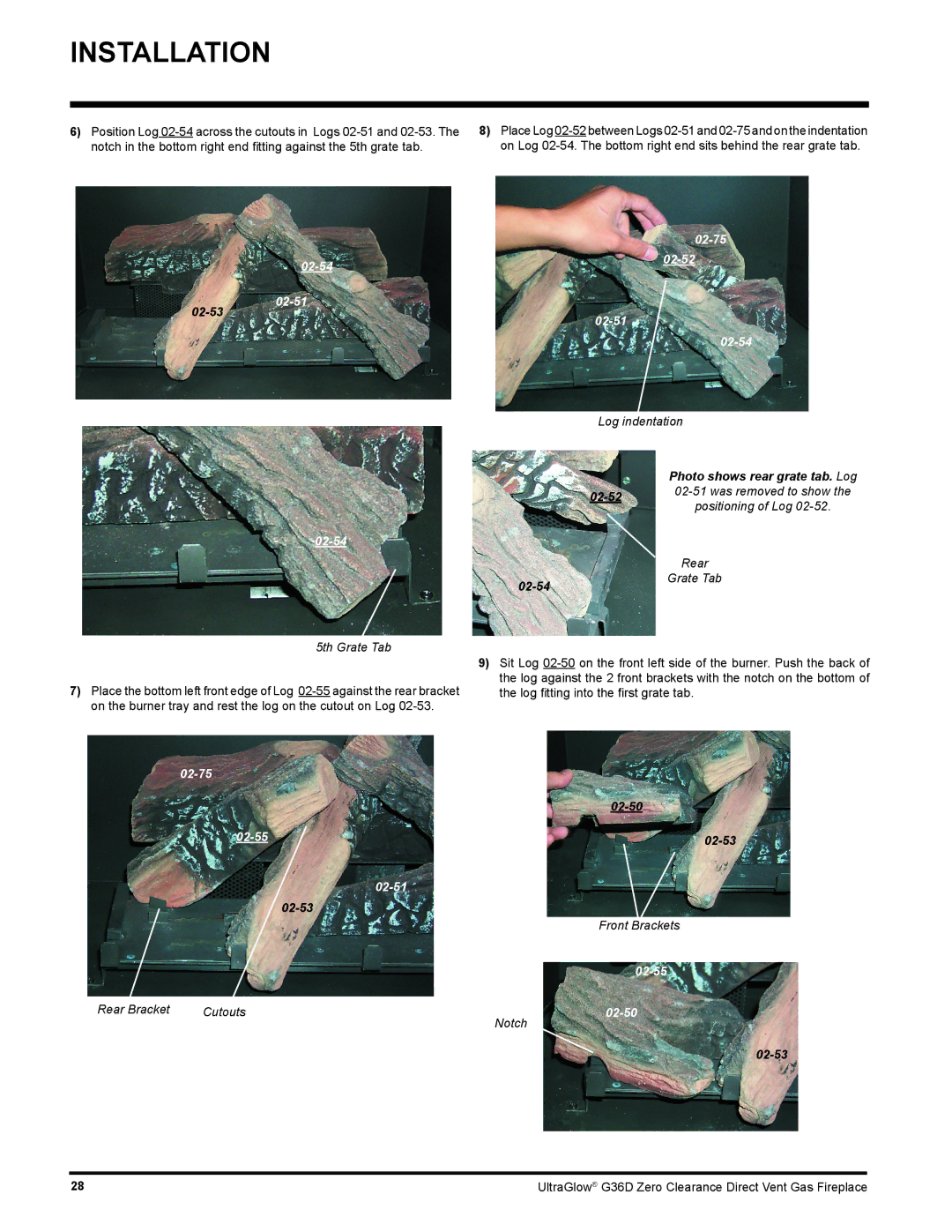 Regency G36D 5th Grate Tab, Log indentation, Rear Grate Tab, Front Brackets, Rear Bracket Cutouts, Notch 