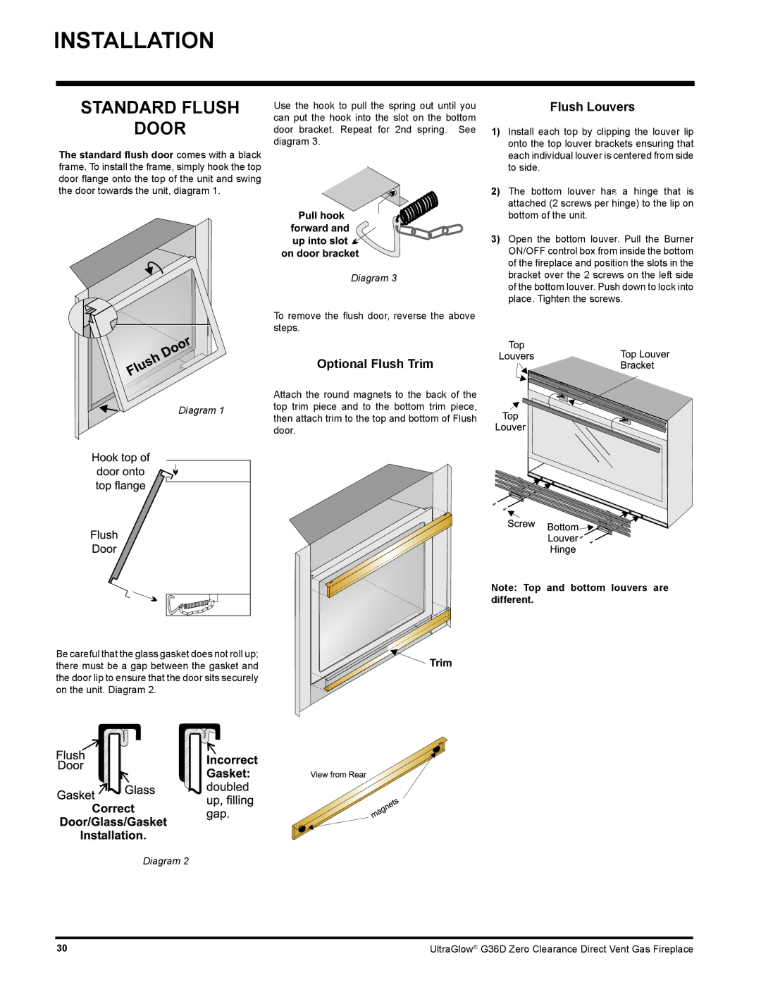 Regency G36D installation manual Standard Flush Door, Flush Louvers, Optional Flush Trim 