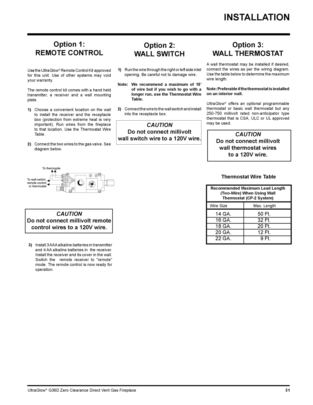 Regency G36D Remote Control, Wall Switch, Wall Thermostat, Thermostat Wire Table, Recommended Maximum Lead Length 