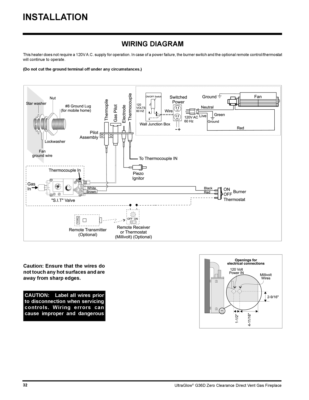 Regency G36D installation manual Wiring Diagram, Do not cut the ground terminal off under any circumstances 