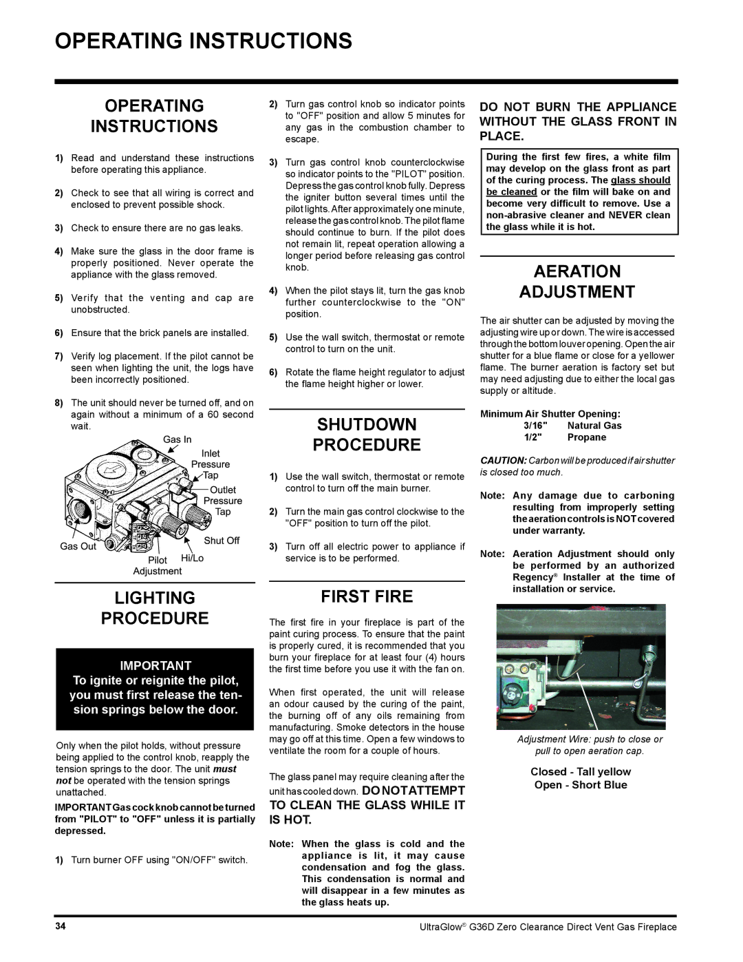 Regency G36D installation manual Operating Instructions 