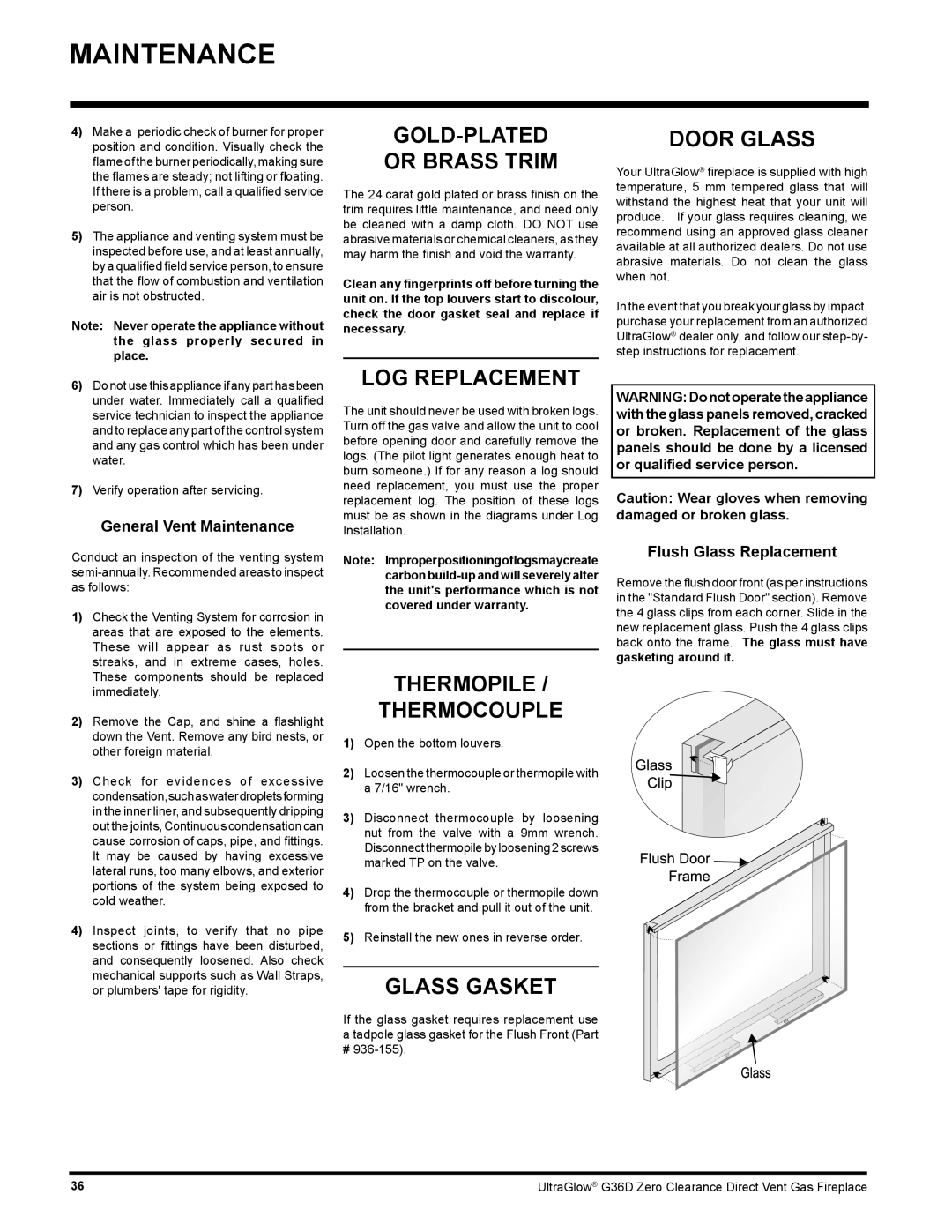 Regency G36D installation manual Maintenance 