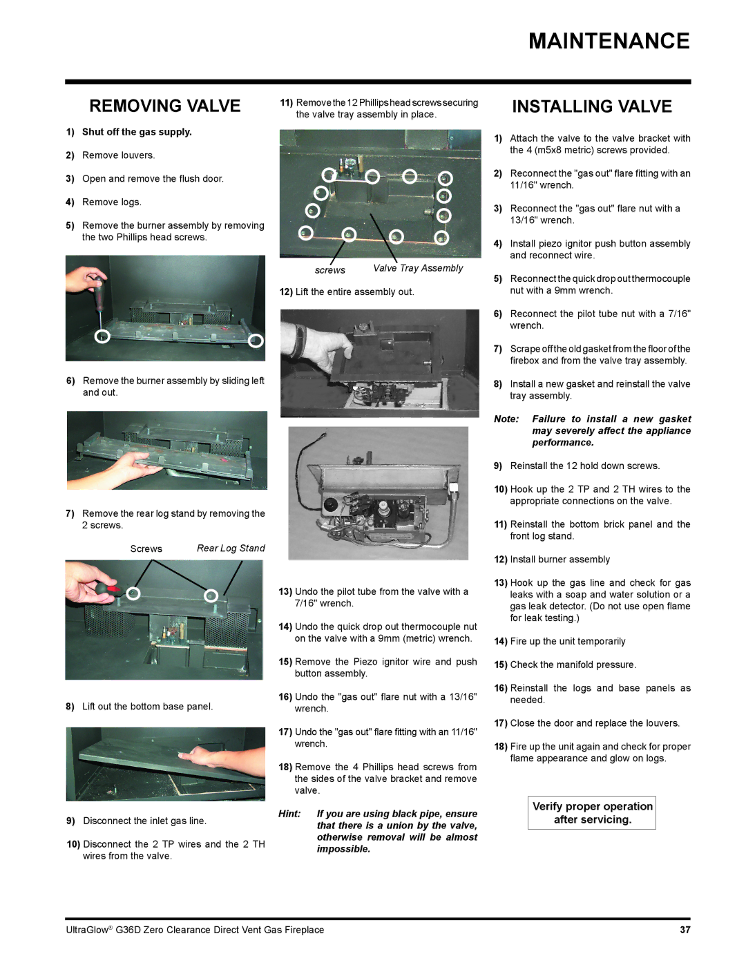 Regency G36D installation manual Removing Valve, Installing Valve 