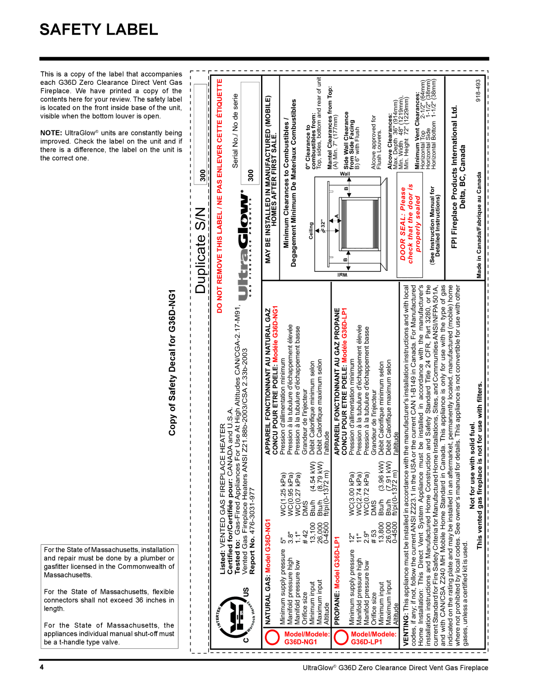 Regency Safety Label, Copy of Safety Decal for G36D-NG1, 300, Certified for/Certifiée pour Canada and U.S.A 