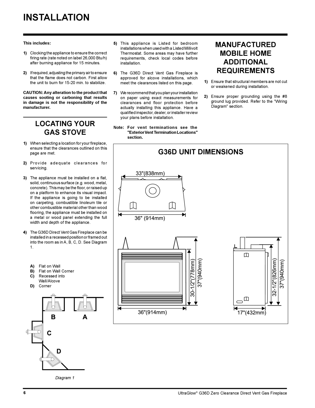 Regency Locating Your GAS Stove, Manufactured Mobile Home Additional Requirements, G36D Unit Dimensions, This includes 