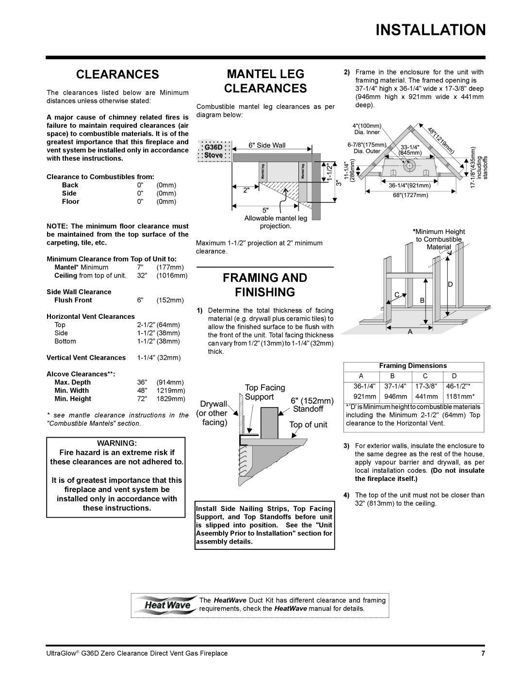 Regency G36D installation manual Mantel LEG Clearances, Framing Finishing 