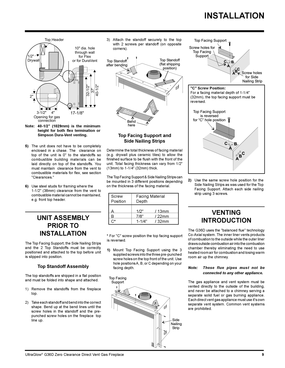 Regency G36D Unit Assembly Prior to Installation, Venting Introduction, Top Standoff Assembly, Screw Position 