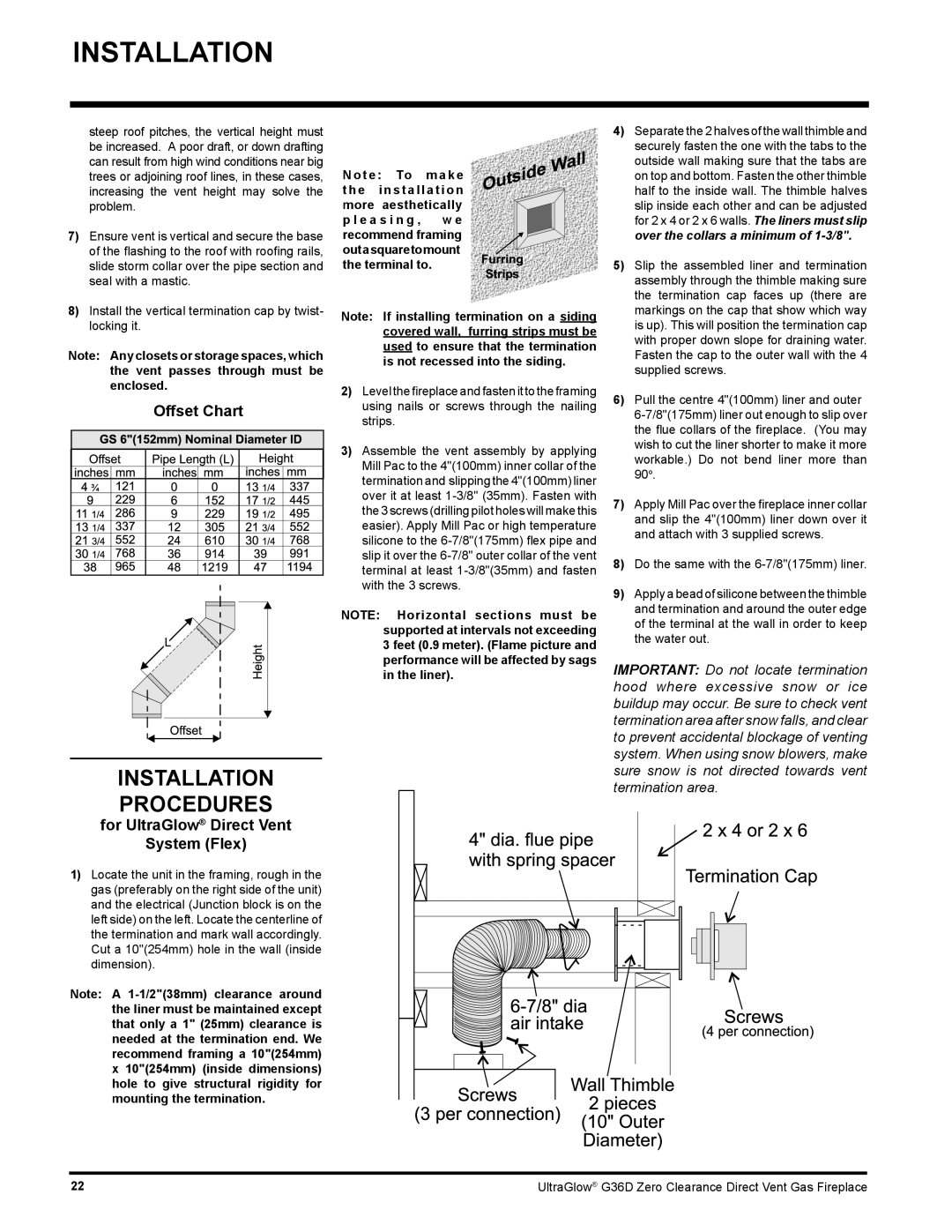 Regency G36D installation manual Installation Procedures, Offset Chart, for UltraGlow Direct Vent System Flex 