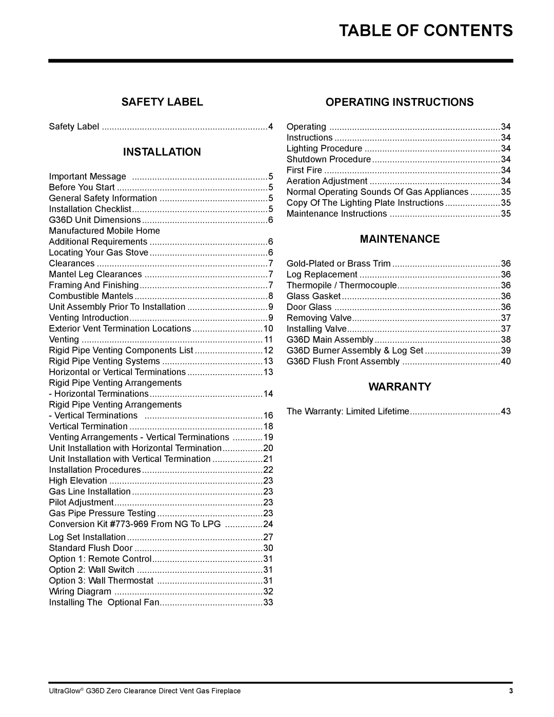 Regency G36D installation manual Table Of Contents, Safety Labe L, Installatio N 