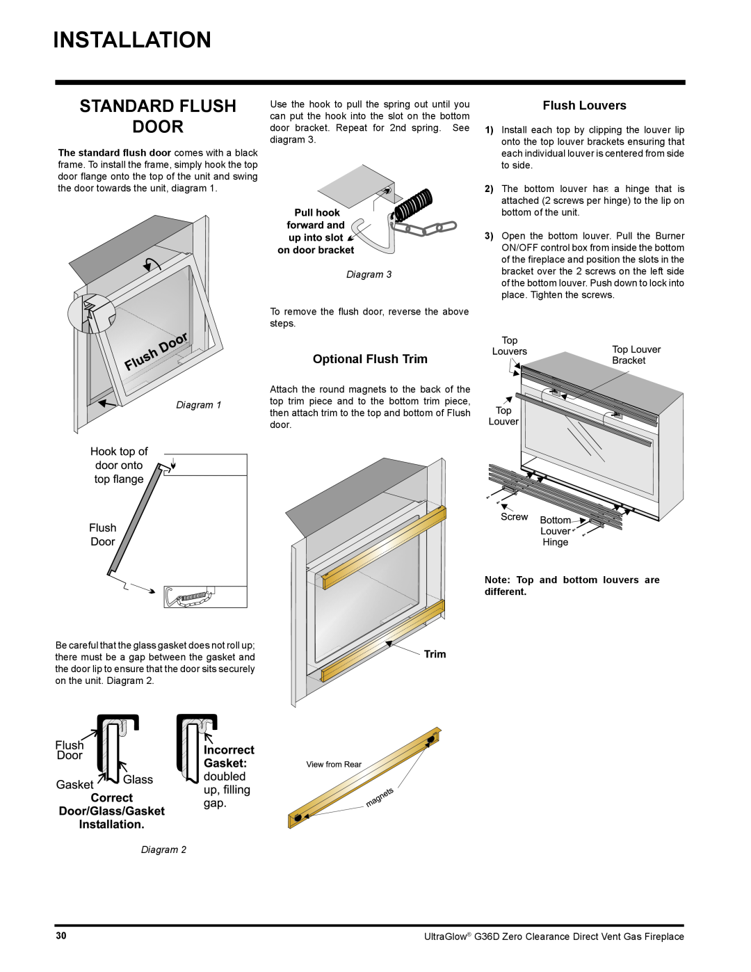 Regency G36D installation manual Standard Flush Door, Installation, Flush Louvers, Optional Flush Trim 