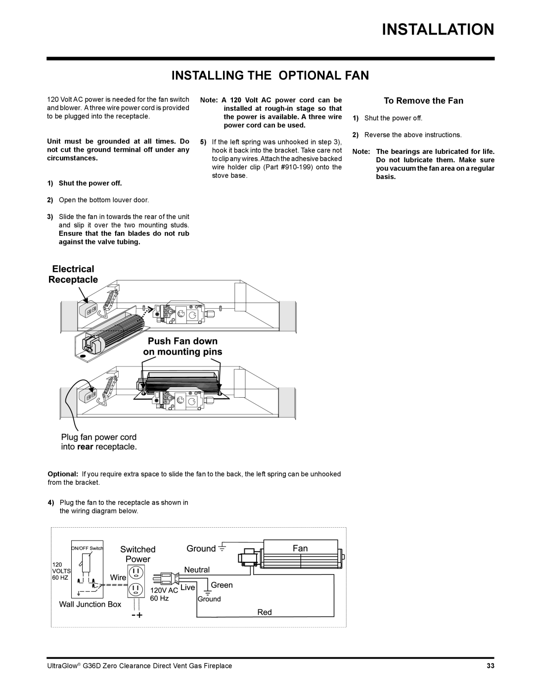 Regency G36D installation manual Installing The Optional Fan, Installation, To Remove the Fan 