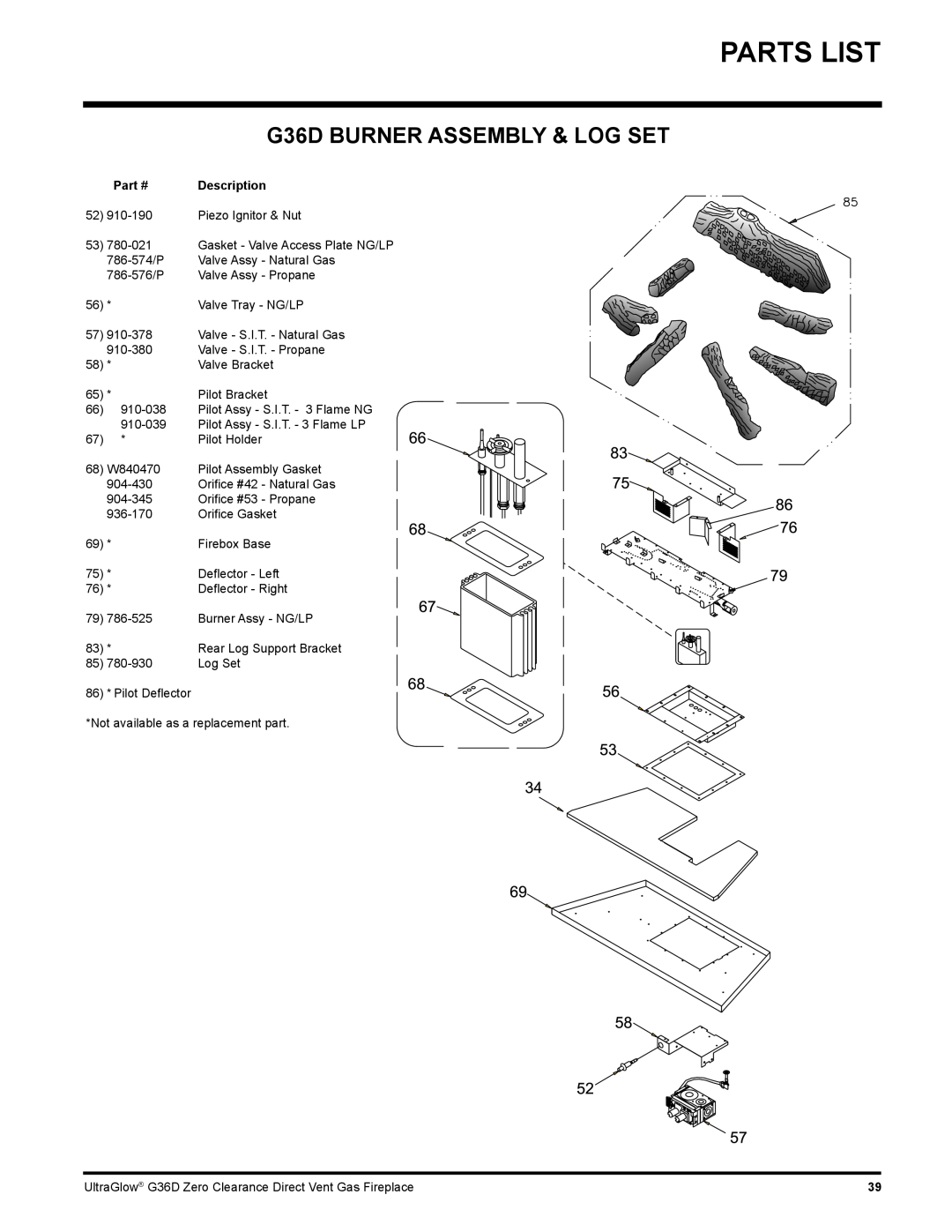 Regency installation manual Parts List, G36D BURNER ASSEMBLY & LOG SET 