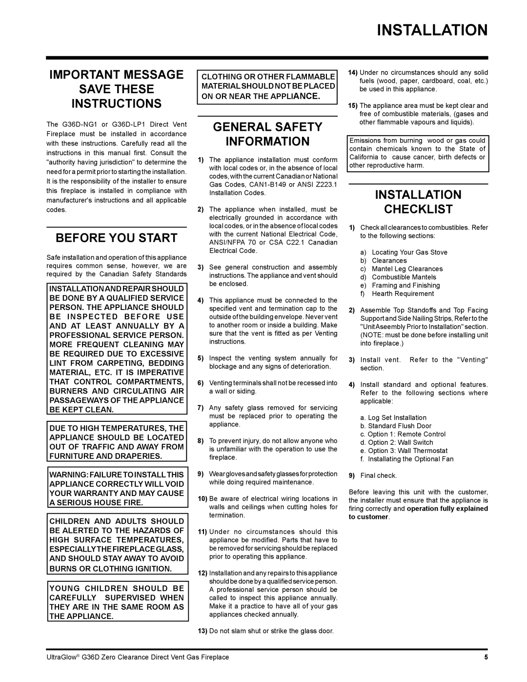 Regency G36D installation manual Important Message Save These Instructions, Before You Start, Installation Checklist 