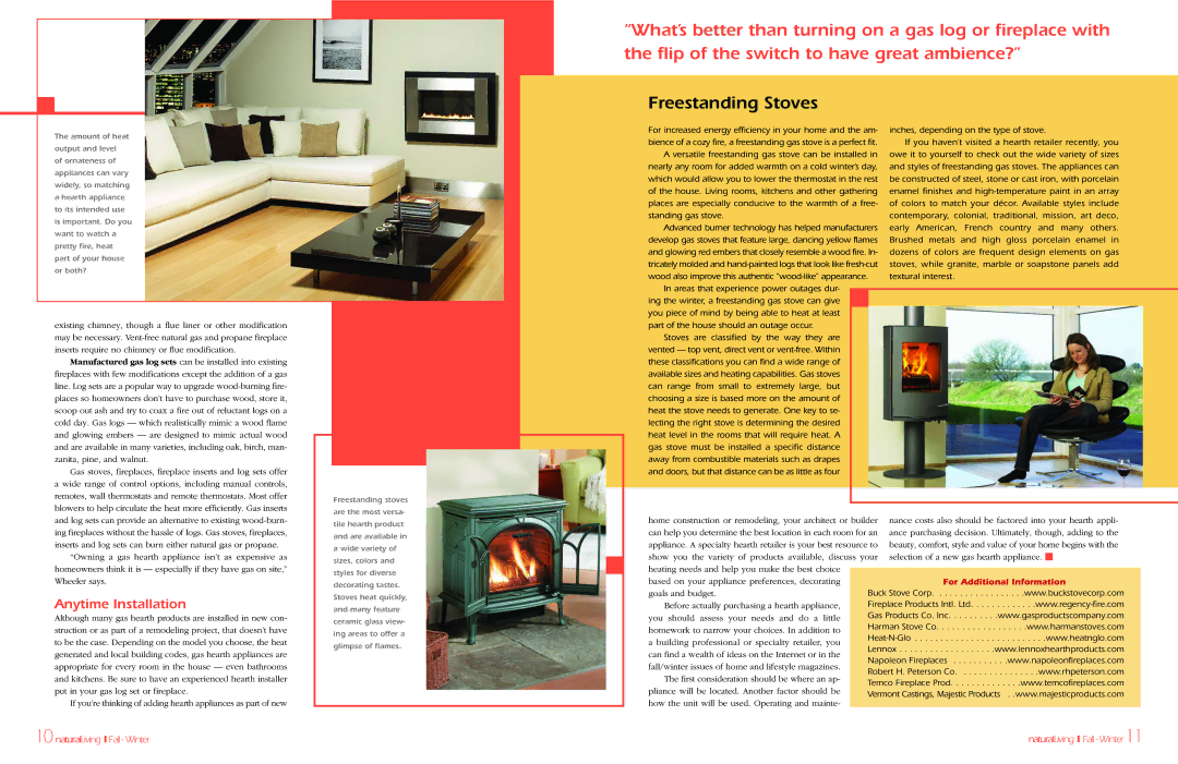 Regency Gas Fireplaces manual Freestanding Stoves, Anytime Installation 