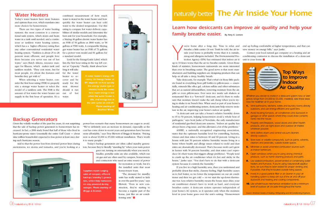 Regency Gas Fireplaces manual Water Heaters, Top Ways to Improve Indoor Air Quality, Backup Generators 