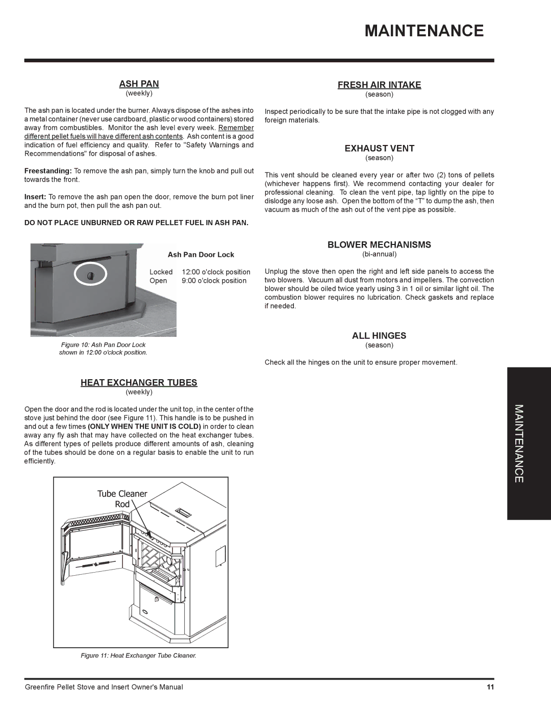 Regency GFI55 owner manual Ash Pan, Heat Exchanger Tubes, Fresh AIR Intake, Exhaust Vent, Blower Mechanisms, ALL Hinges 