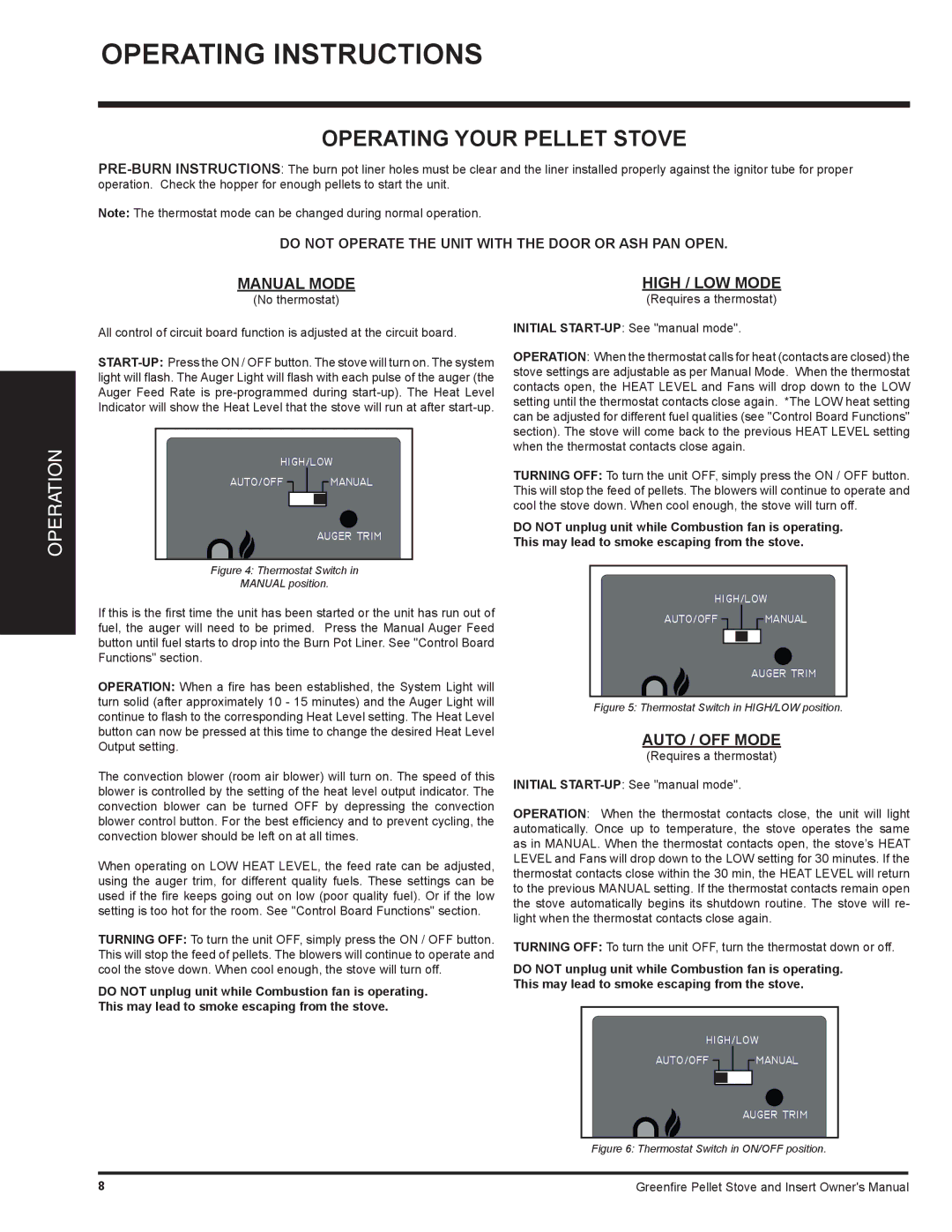 Regency GFI55 owner manual Operating Your Pellet Stove, Manual Mode, High / LOW Mode, Auto / OFF Mode 