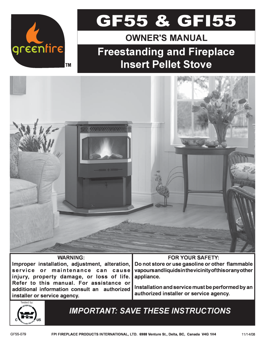 Regency owner manual GF55 & GFI55, Freestanding and Fireplace Insert Pellet Stove, Owners Manual 