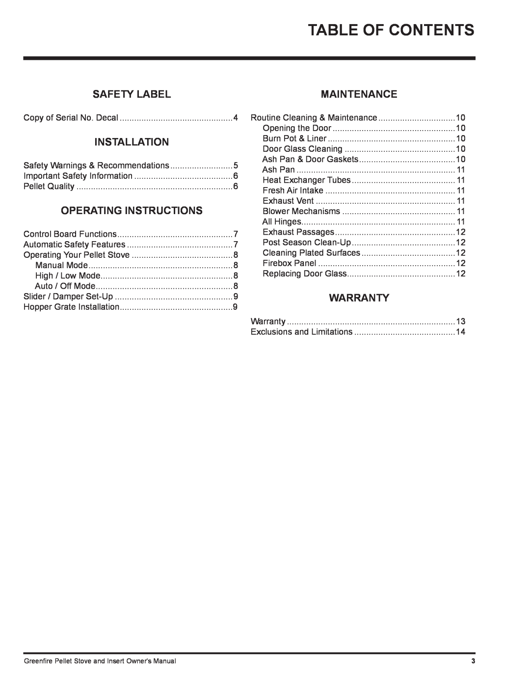 Regency GFI55 owner manual Table Of Contents, Maintenance, Warranty, Safety Label, Installation, Operating Instructions 