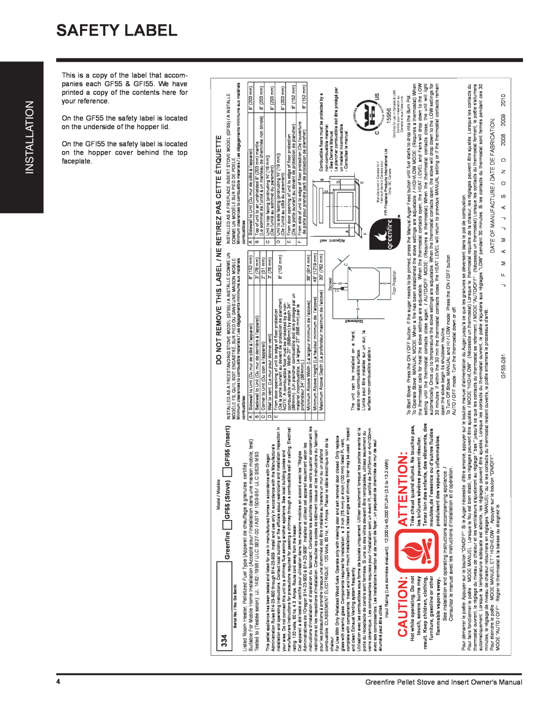 Regency GFI55 owner manual Safety Label, Installation 