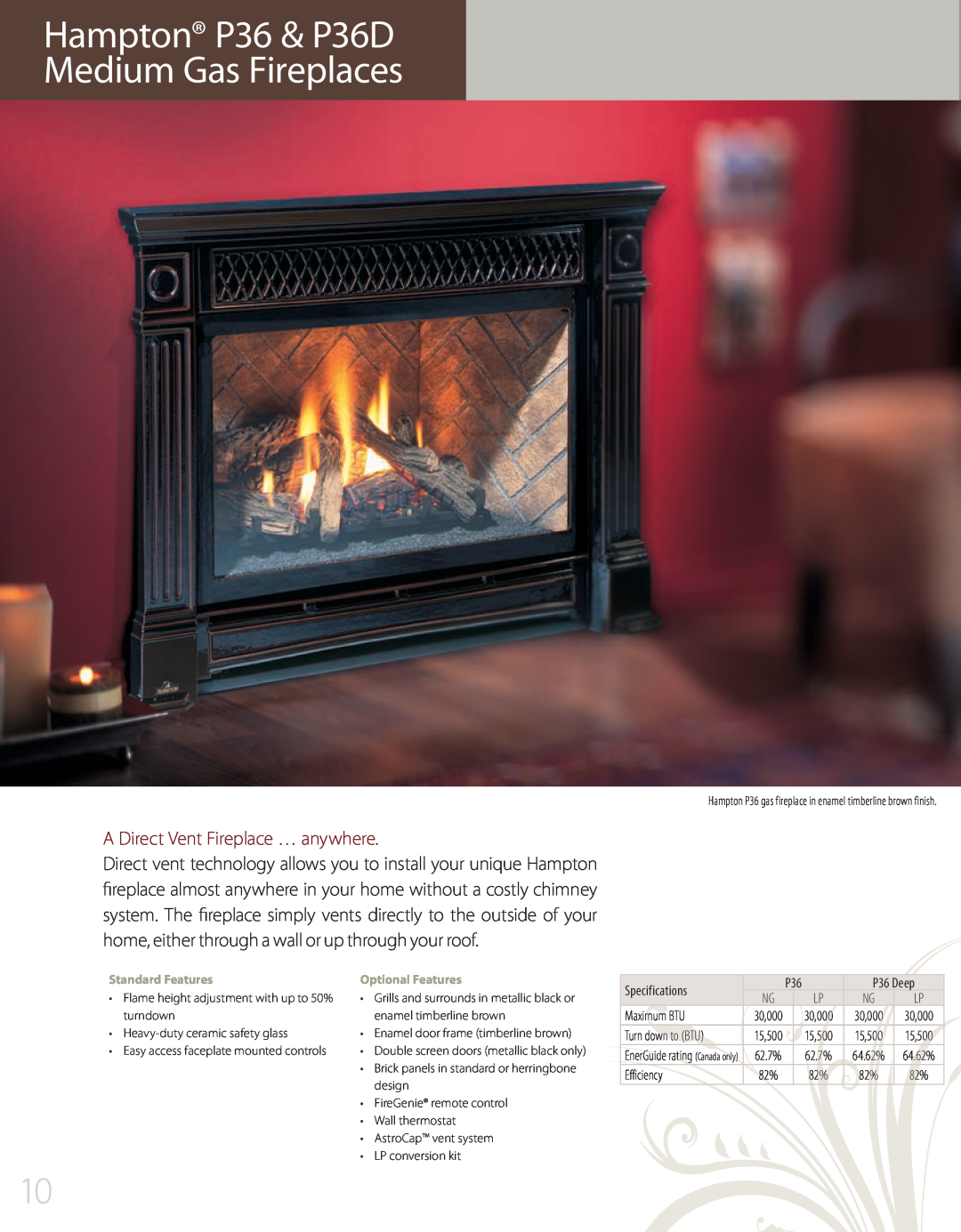 Regency H25, H200, H15, H300 Hampton P36 & P36D Medium Gas Fireplaces, A Direct Vent Fireplace … anywhere, Standard Features 