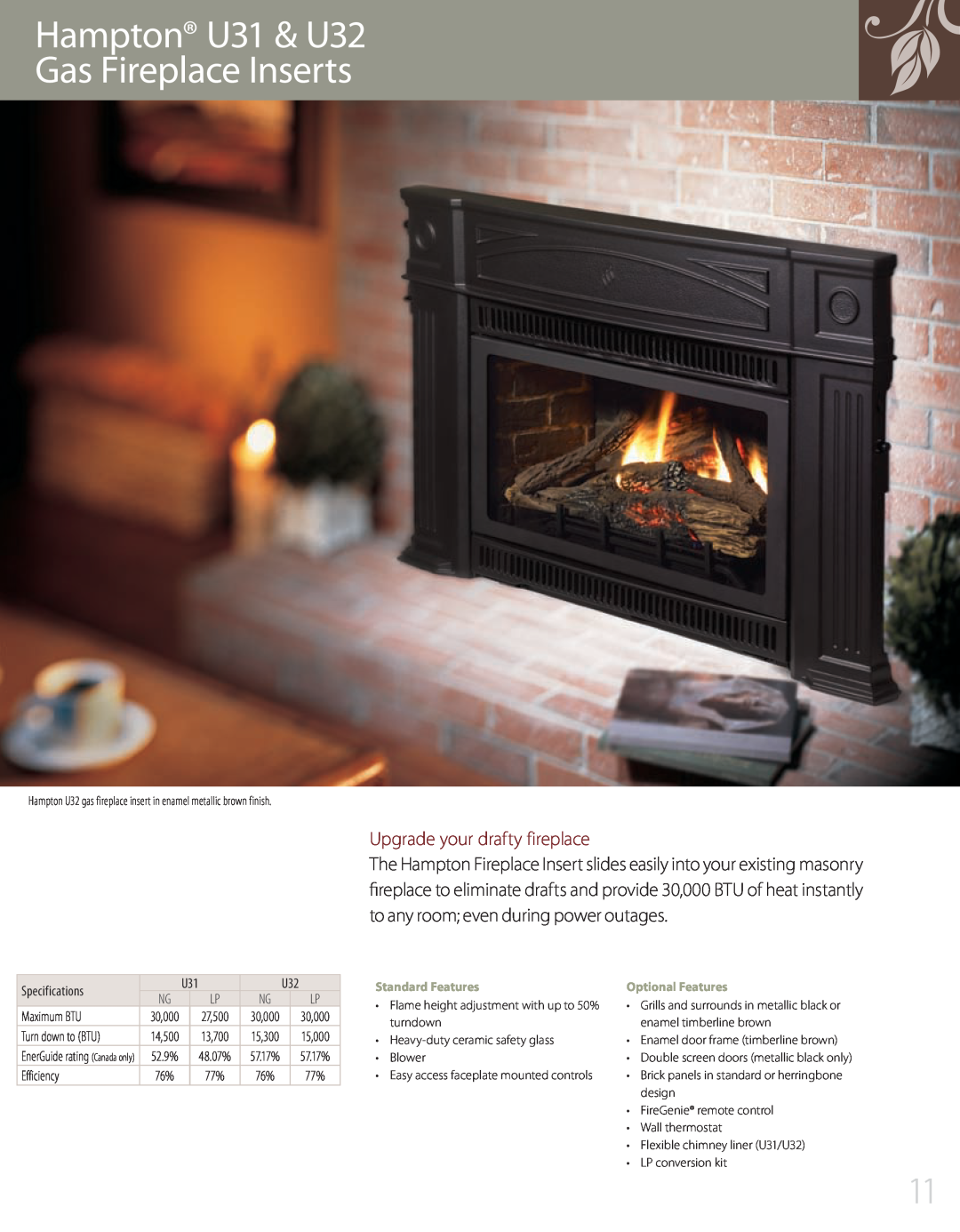 Regency H300 Hampton U31 & U32 Gas Fireplace Inserts, Upgrade your drafty fireplace, Standard Features, Optional Features 