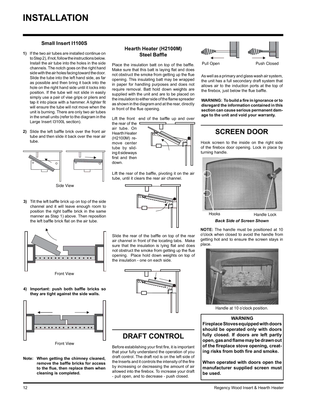 Regency I3100L installation manual Screen Door, Draft Control, Small Insert I1100S, Hearth Heater H2100M Steel Bafﬂe 