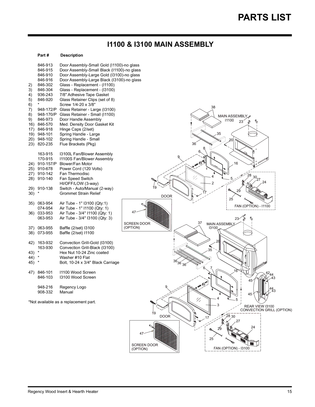 Regency H2100, I3100L, I1100S installation manual Parts List, I1100 & I3100 Main Assembly 