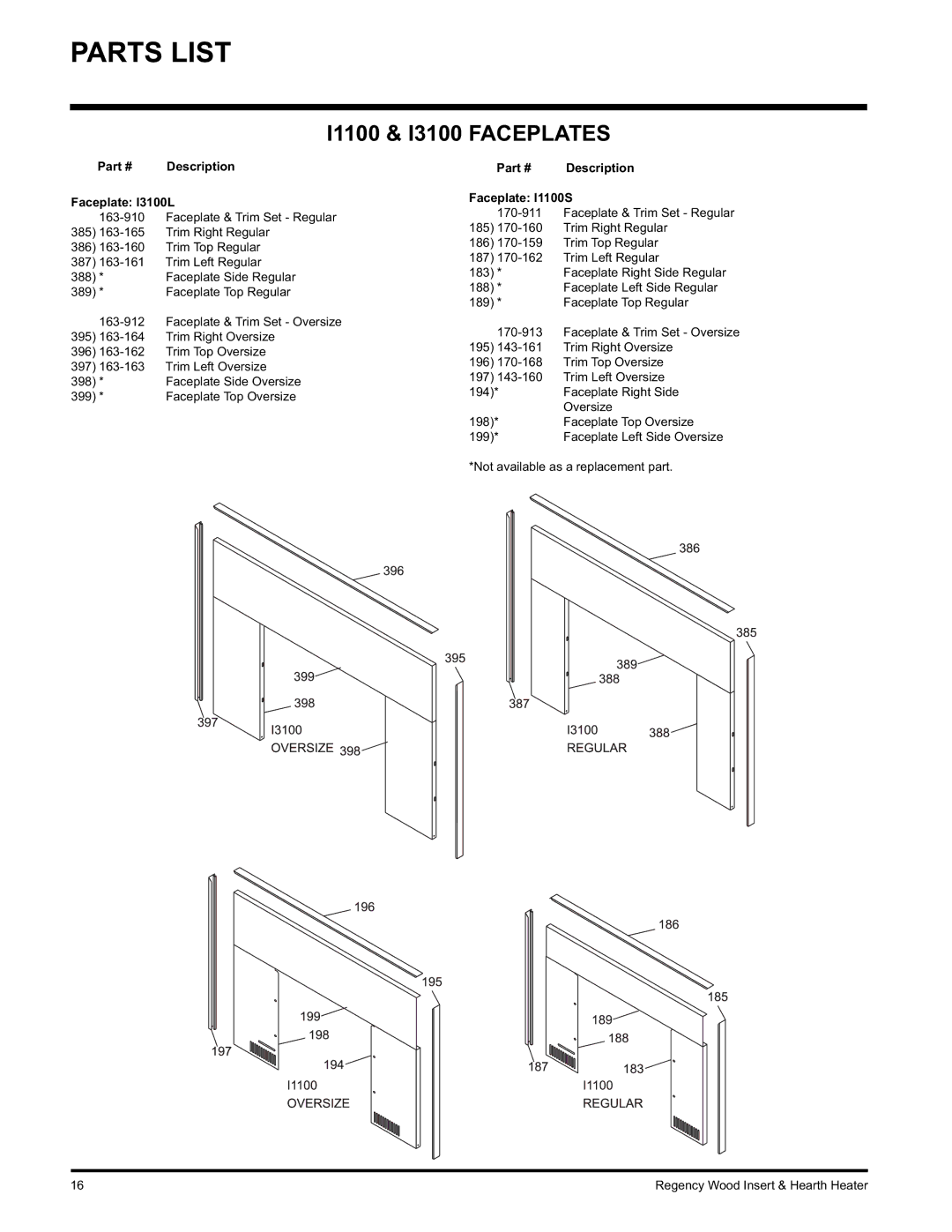 Regency I3100L, H2100, I1100S Faceplate & Trim Set Regular 163-910, Trim Right Regular, Trim Top Regular, Trim Left Regular 