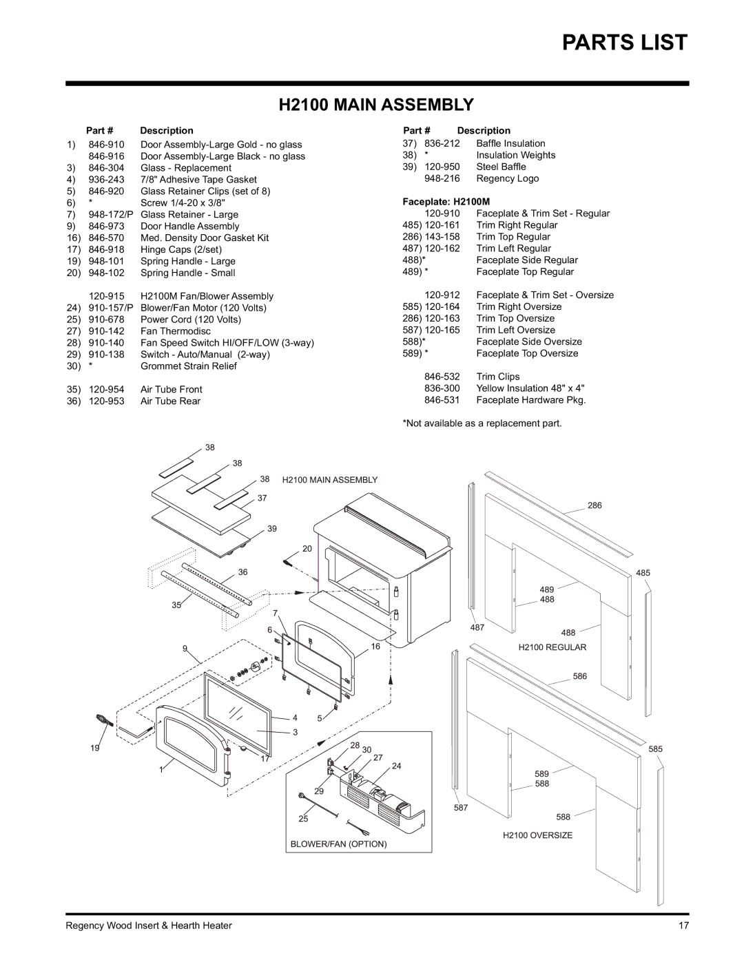 Regency I1100S, I3100L installation manual H2100 Main Assembly, 846-531 