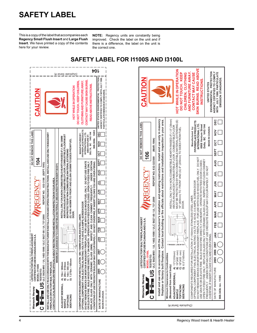 Regency I3100L, H2100, I1100S installation manual Safety Label, Here for your review 