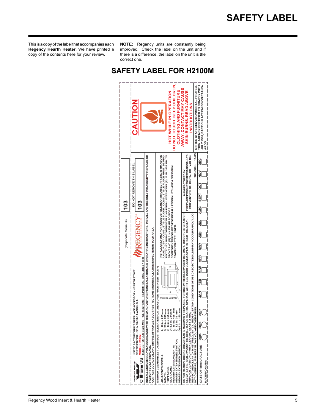 Regency I1100S, I3100L installation manual Safety Label for H2100M, 103 