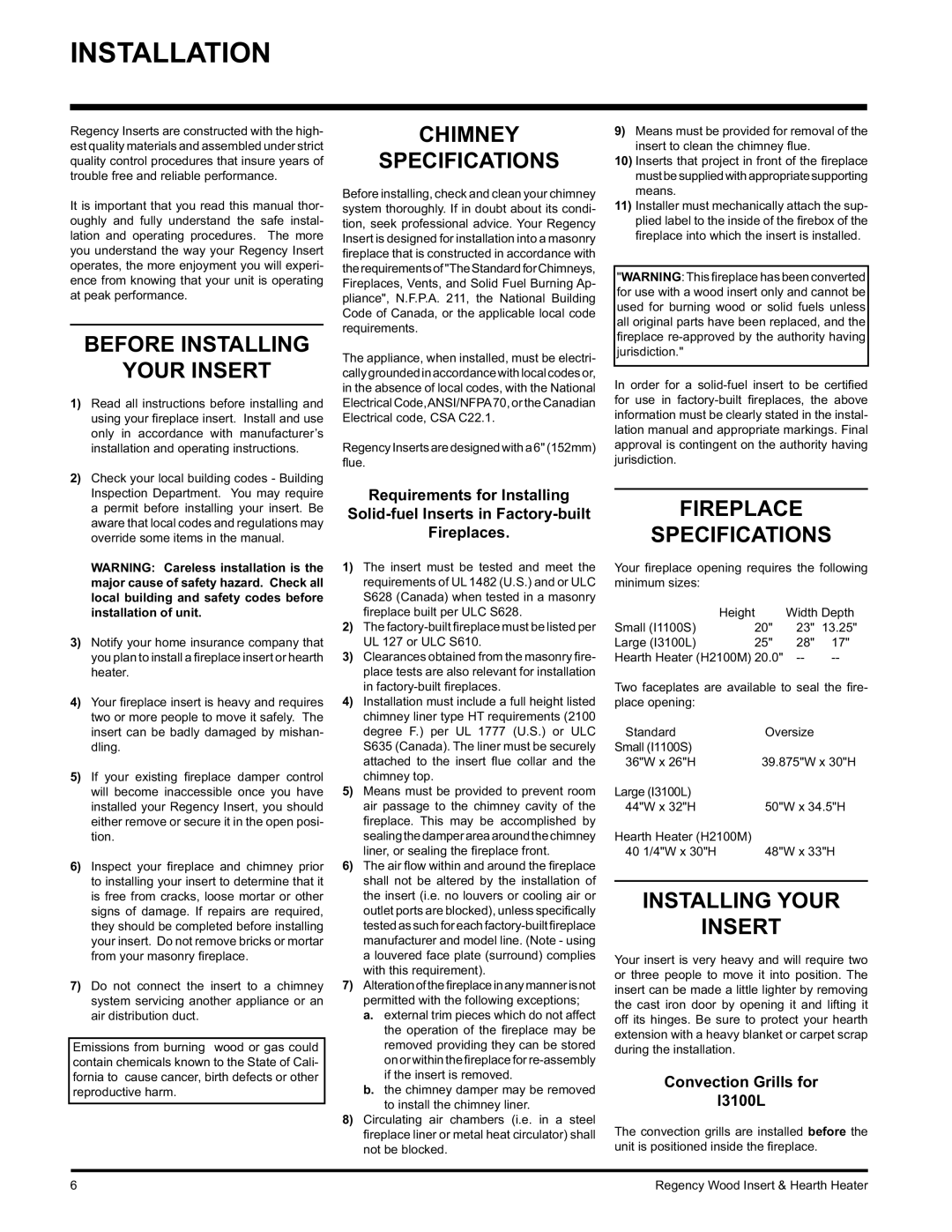Regency H2100, I3100L, I1100S Installation, Before Installing Your Insert, Chimney Specifications, Fireplace Specifications 
