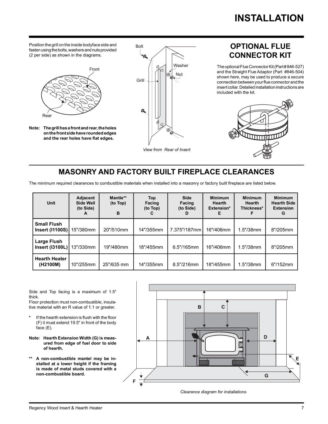 Regency I3100L, H2100 Optional Flue Connector KIT, Masonry and Factory Built Fireplace Clearances, 375/187mm, 165mm, 216mm 