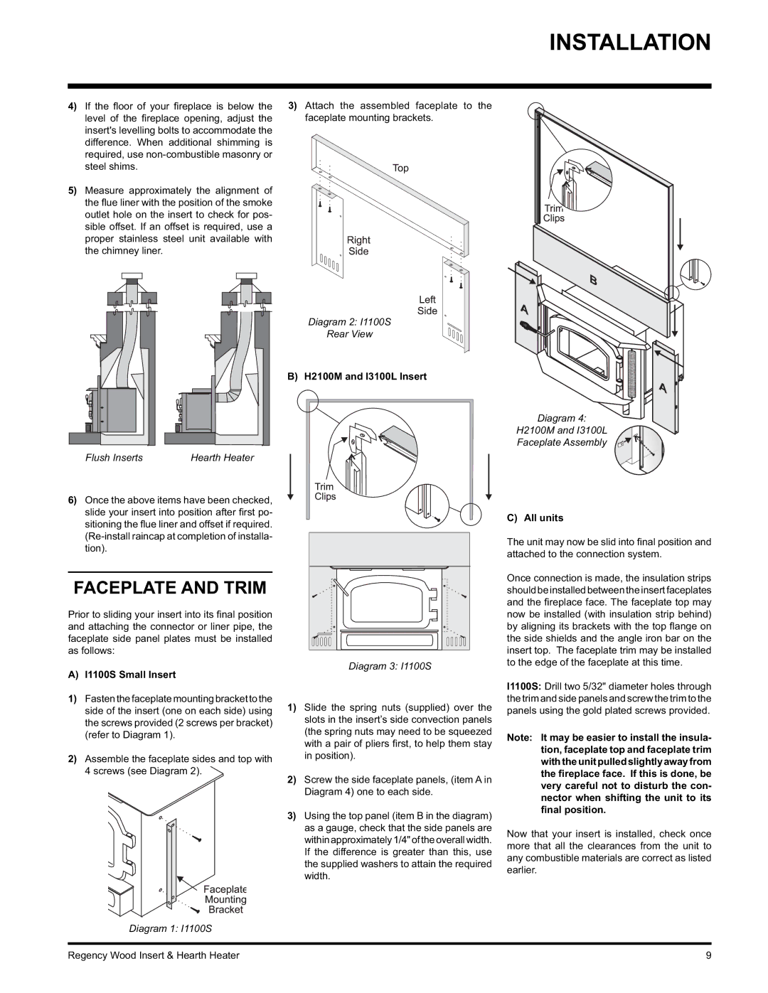 Regency I1100S installation manual Faceplate and Trim, H2100M and I3100L Insert 