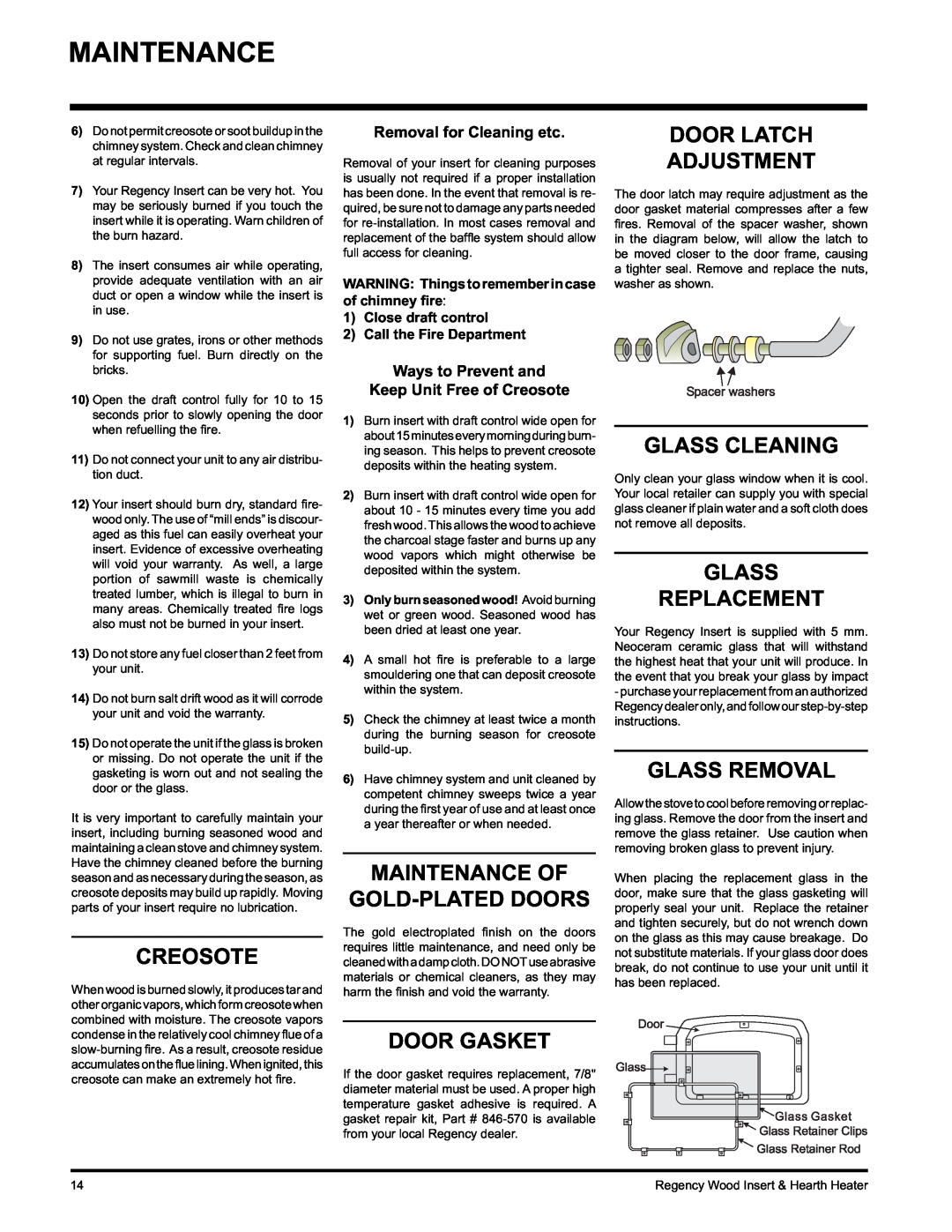Regency I1100S Door Latch Adjustment, Creosote, Maintenance Of Gold-Plateddoors, Glass Cleaning, Glass Replacement 