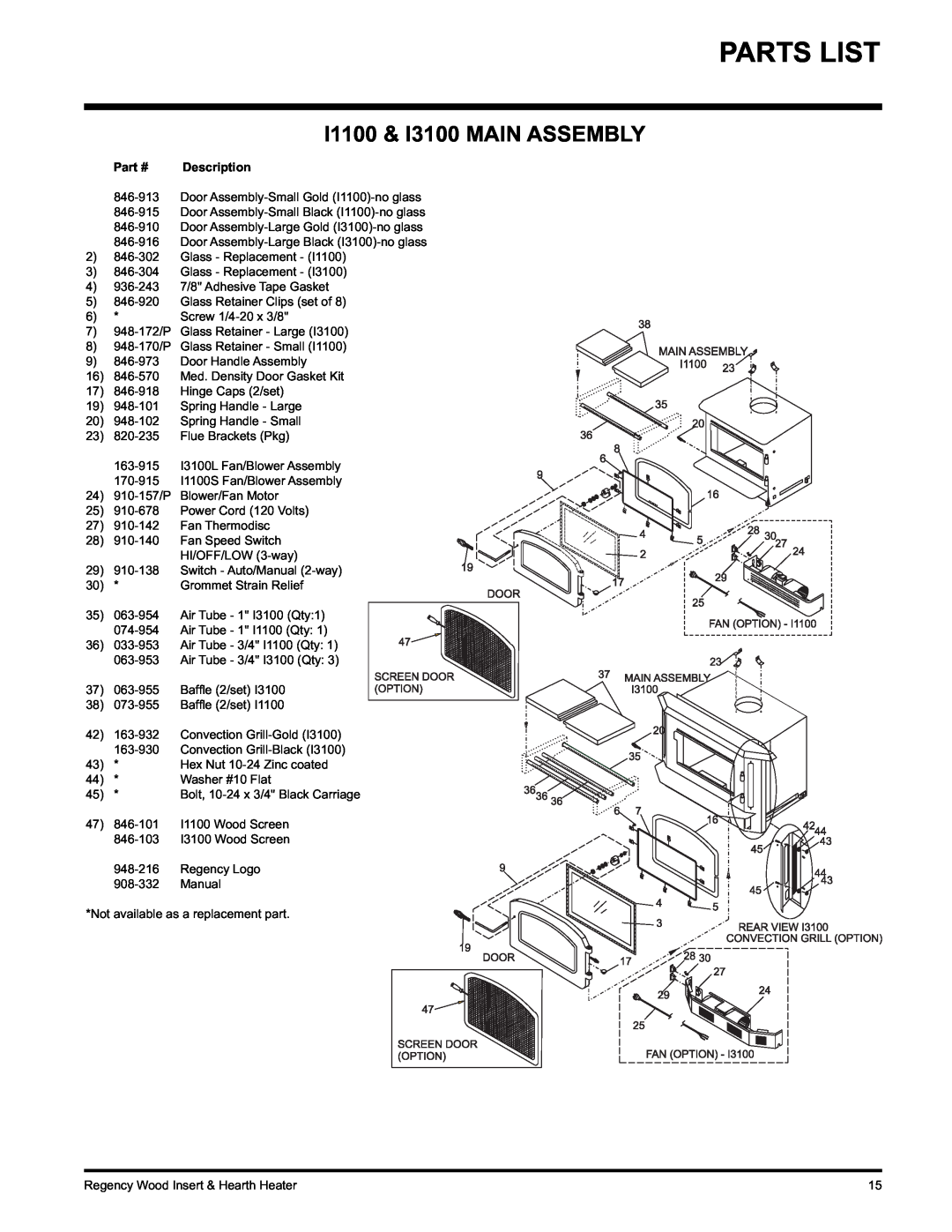 Regency H2100, I3100L, I1100S installation manual Parts List, I1100 & I3100 MAIN ASSEMBLY 
