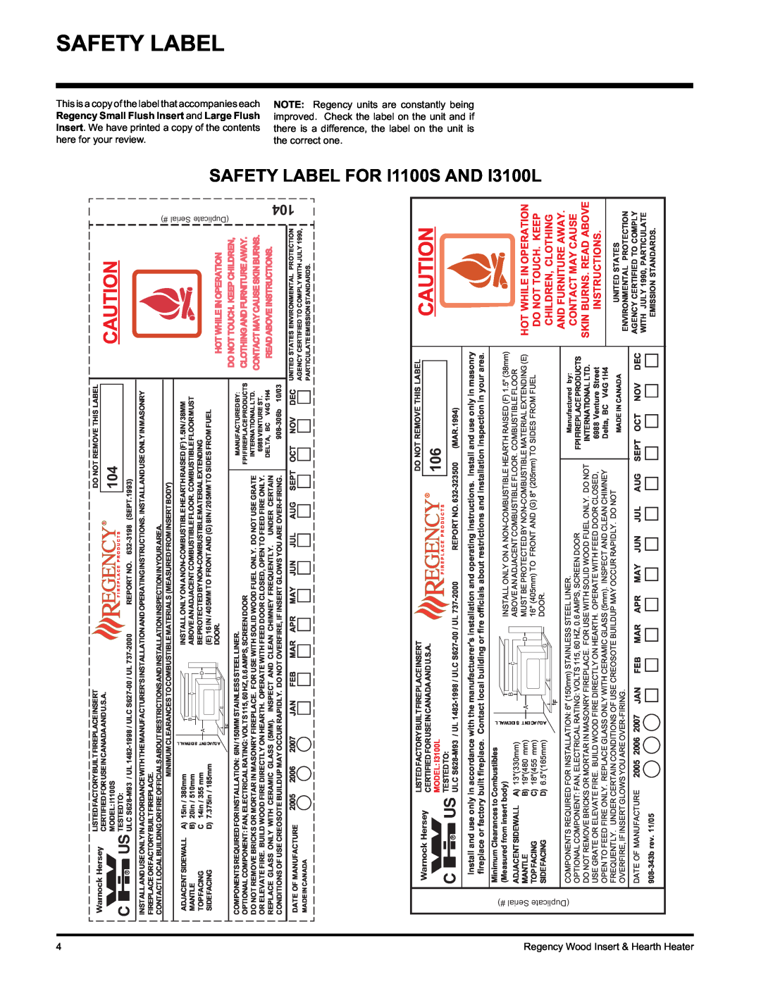 Regency I3100L Safety Label, SAFETY LABEL FORI1100S, Hot While In Operation, Regency Small Flush Insert and Large Flush 