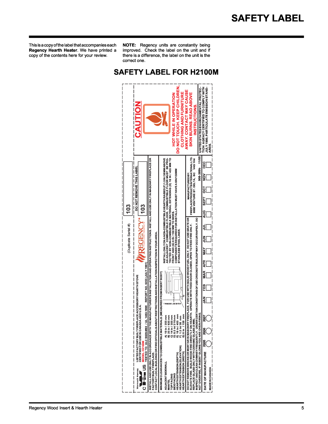 Regency I1100S Safety Label, SAFETY LABEL FOR H2100M, Hot While In Operation, Do Not Touch. Keep Children, 2006, 2007 